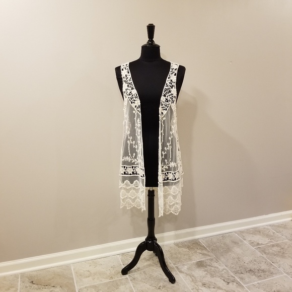 Charming Charlie Tops - NWOT Cream Lace Crochet Long Vest